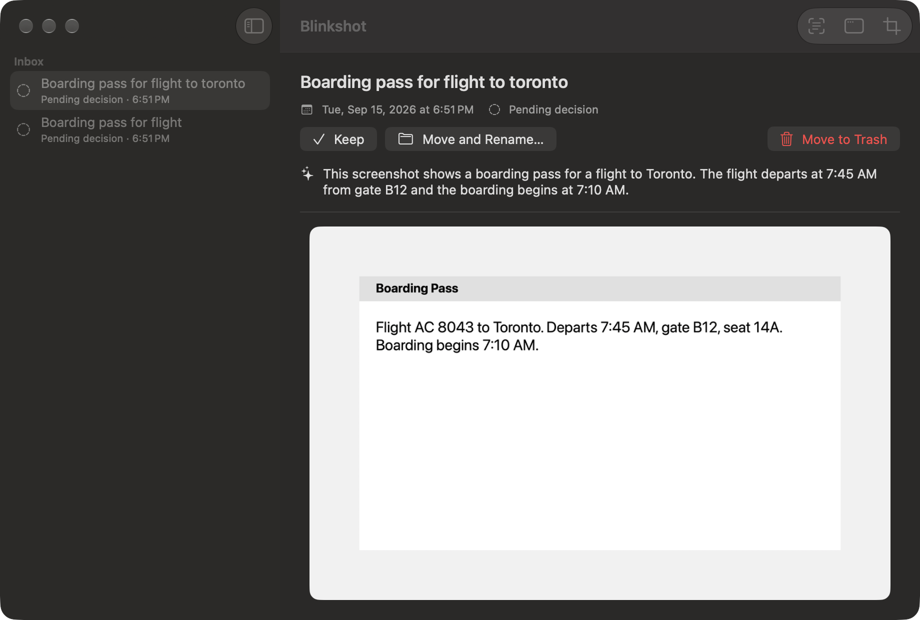 The Blinkshot Inbox window with a list of screenshots in the sidebar and a selected screenshot showing its description and actions.