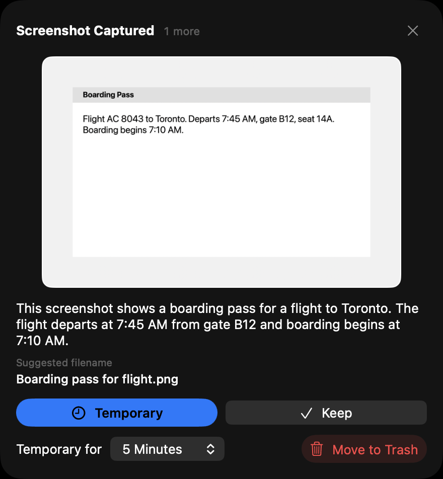 The Blinkshot popup showing a screenshot preview, its description, a suggested filename, and the Temporary, Keep, and Move to Trash buttons.
